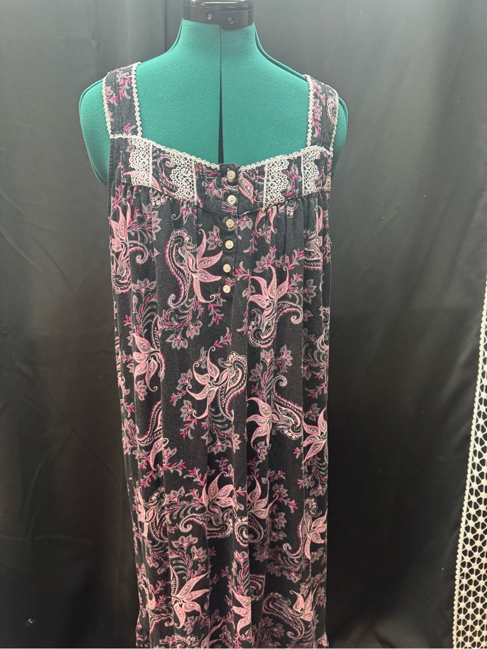 Secret Treasures Black Sleep Dress with Pink Paisley & Lace Trim